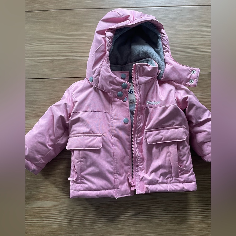 Pink and gray snowsuit, as shown in first slide but all the pieces like 2nd pic